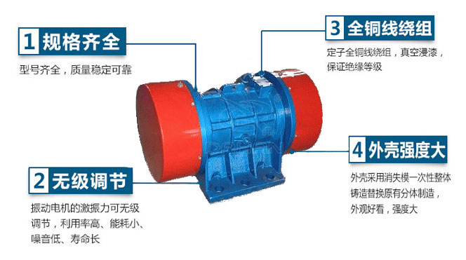 VB振動(dòng)電機(jī)特點(diǎn):1,規(guī)格齊全:型號(hào)齊全,質(zhì)量穩(wěn)定可靠。2,無極調(diào)節(jié):振動(dòng)電機(jī)的激振力可無極調(diào)節(jié),利用率高,能耗小,噪音低,壽命長。4,外殼輕度大:外殼采用消失模一次性整體鑄造替換原有分體制造,外觀好看,強(qiáng)度大。