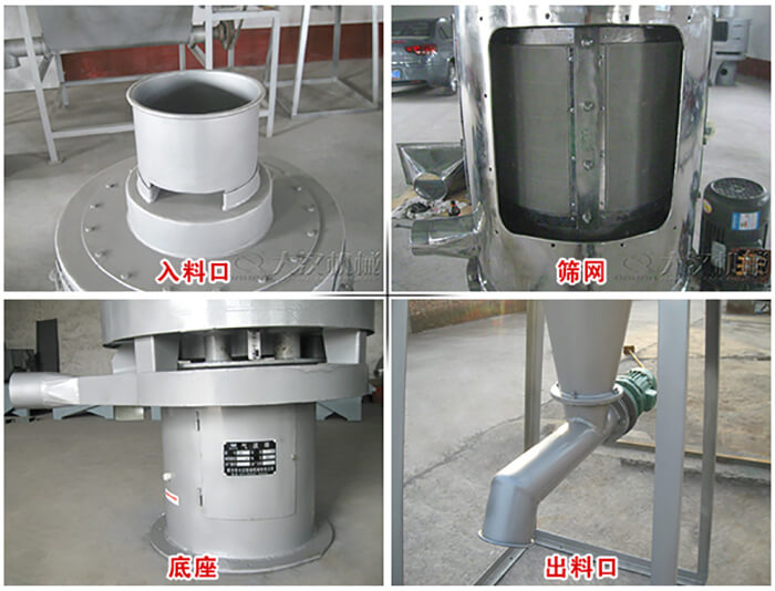 氣流篩部件展示：入料口，篩網，底座，出料口等。